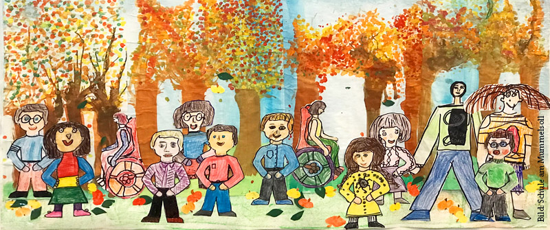 Schulsozialarbeit an der Schule am Mummelsoll, Förderzentrum, Schwerpunkt "Geistige Entwicklung", Berlin Marzahn-Hellersdorf, herbstlich bunt gemaltes Bild mit vielen Kindern und Bäumen